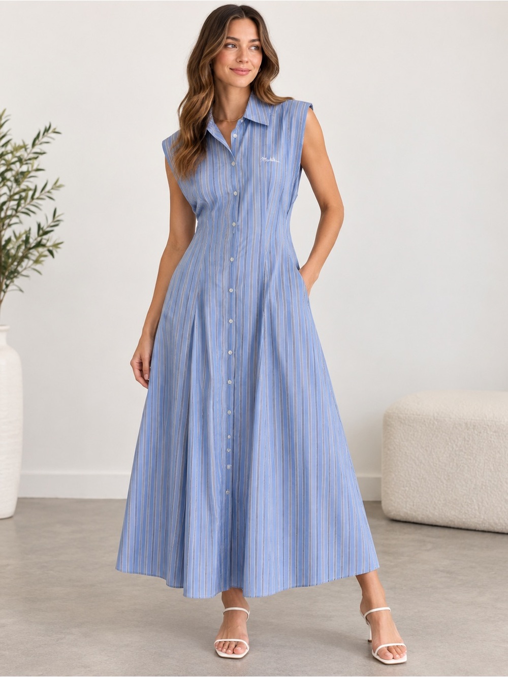MOTHER Blue Striped Sleeveless Button Front Midi Maxi Shirt Dress XS